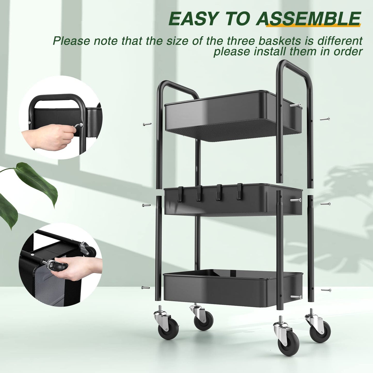 LEHOM 3 Tier Rolling Storage Cart, Metal Trolley Utility Cart