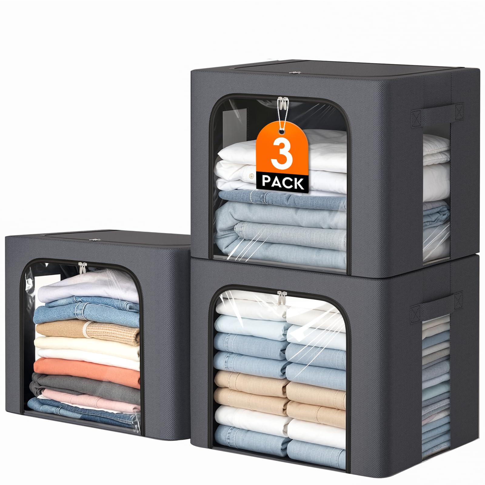 Clothes Storage Bins Metal Frame Storage Bags Fabric Organizer Clear Window Zipper Handles 40L