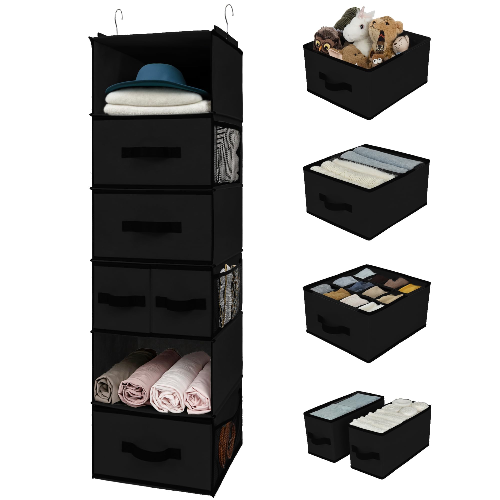 Hanging Closet Organizer 6 Shelf Storage Organizer with Drawers Side Pockets Closet Storage System