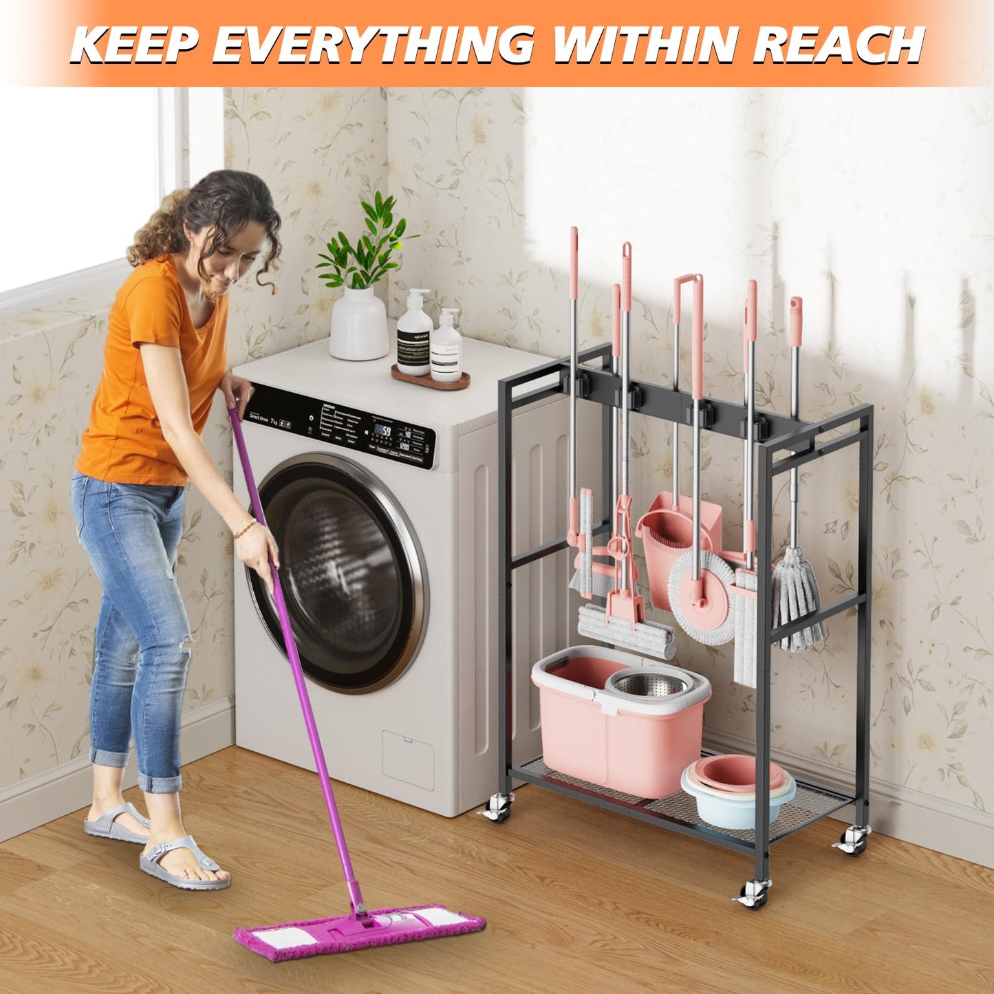 Broom and Mop Holder Closet Storage Cabinet Cleaning Supplies Organizer Mop Rack Storage System