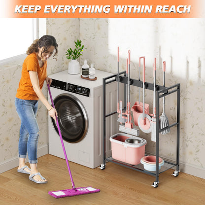 Broom and Mop Holder Closet Storage Cabinet Cleaning Supplies Organizer Mop Rack Storage System