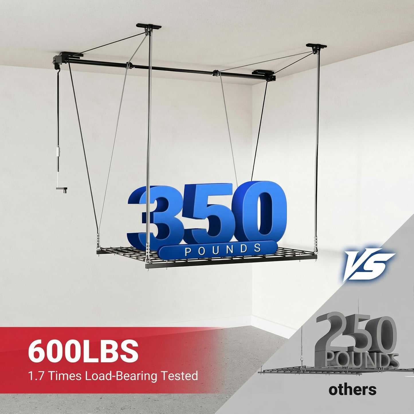 Motorized Ceiling Storage Rack Lift System 350 lbs Capacity Steel Garage Organizer with Hand Crank Drill Lift Safety Lock 4x4 ft Adjustable Ceiling Storage Platform