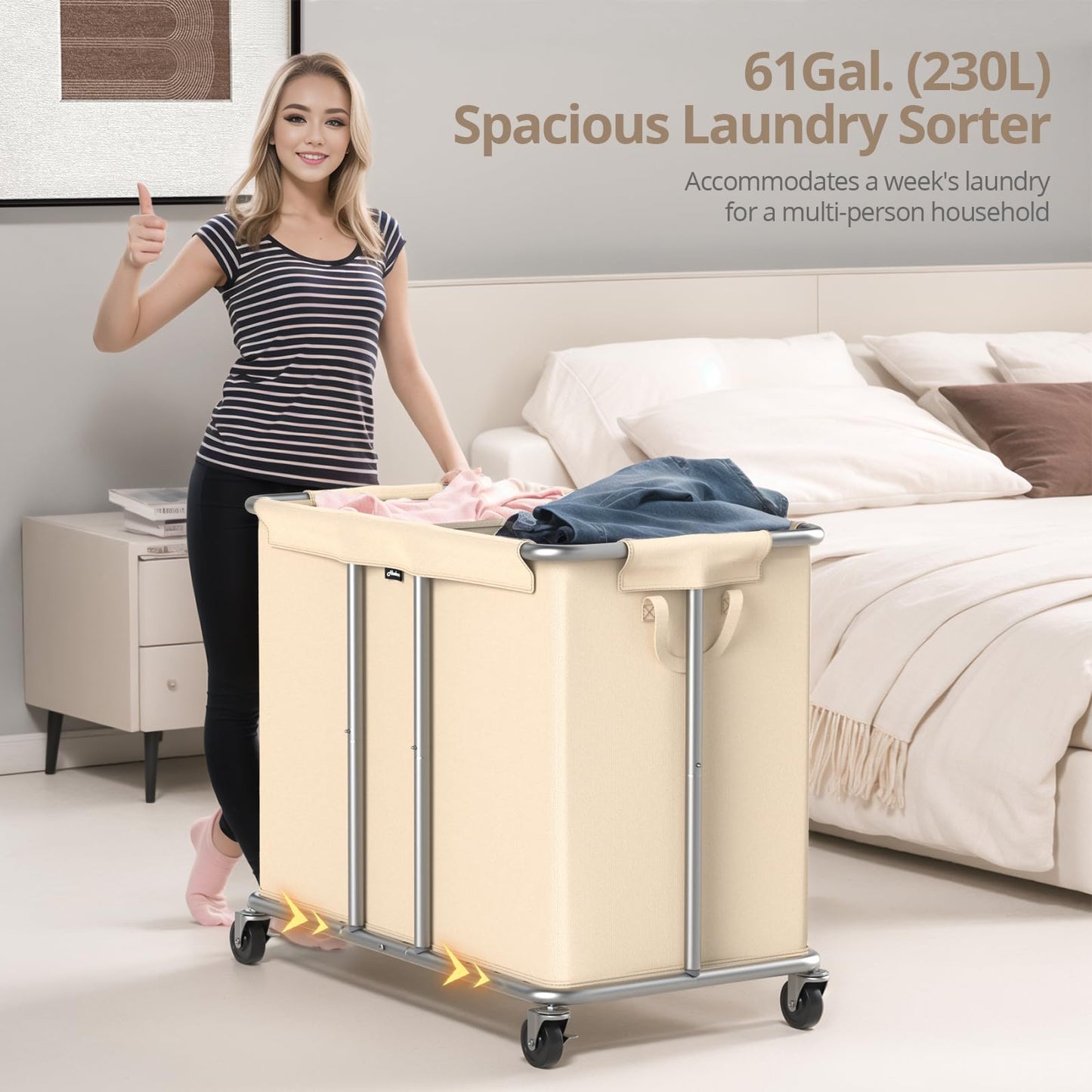 Rolling Laundry Hamper 2 Section Laundry Basket with Wheels Clothes Sorter Metal Frame Removable Liner Laundry Organizer Beige