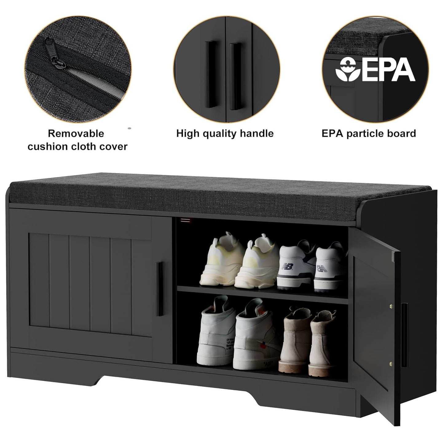 Shoe Bench Storage Bench with Cushion Doors Adjustable Shelf Entryway Bedroom Organizer