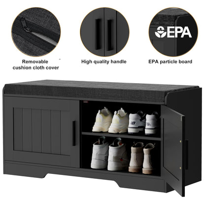 Shoe Bench Storage Bench with Cushion Doors Adjustable Shelf Entryway Bedroom Organizer