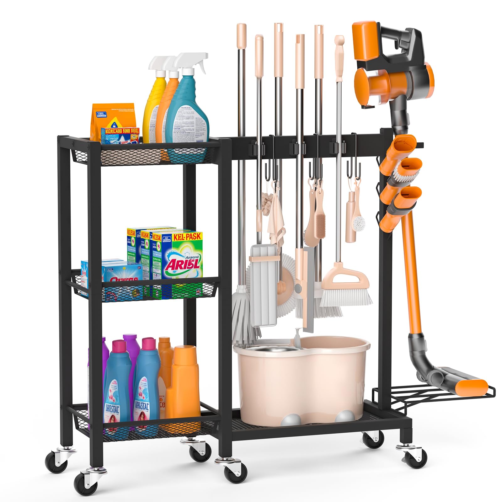 FLOUREE Broom Holder with Cleaning Supplies Organizer & Large Capacity