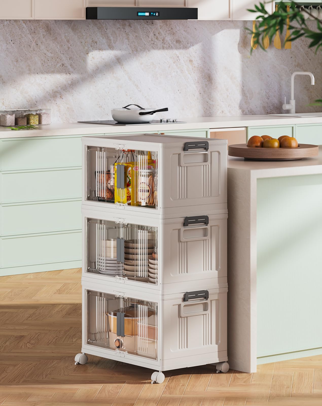 Folding Storage Bins with Doors and Wheels Collapsible Plastic Closet Storage Organizer Stackable Storage Boxes