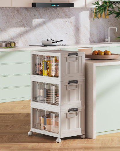 Folding Storage Bins with Doors and Wheels Collapsible Plastic Closet Storage Organizer Stackable Storage Boxes