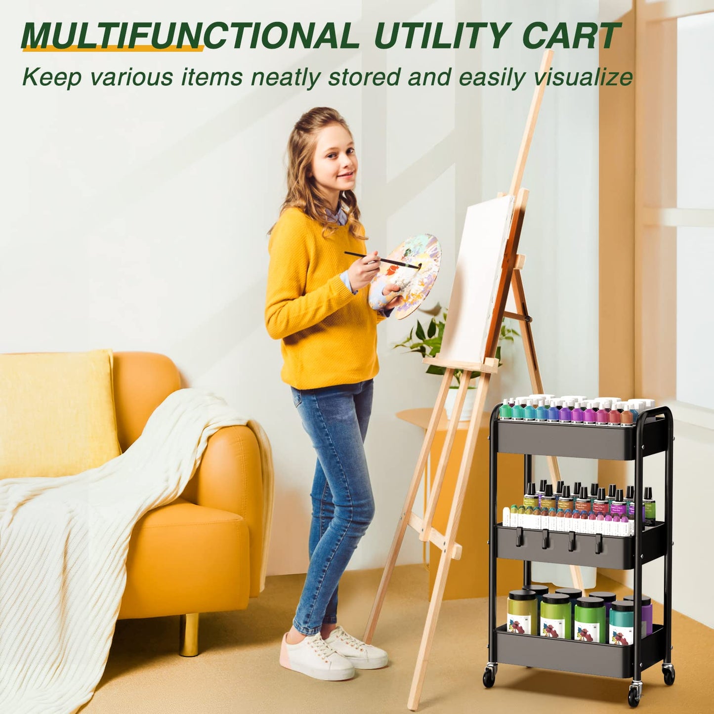 LEHOM 3 Tier Rolling Storage Cart, Metal Trolley Utility Cart