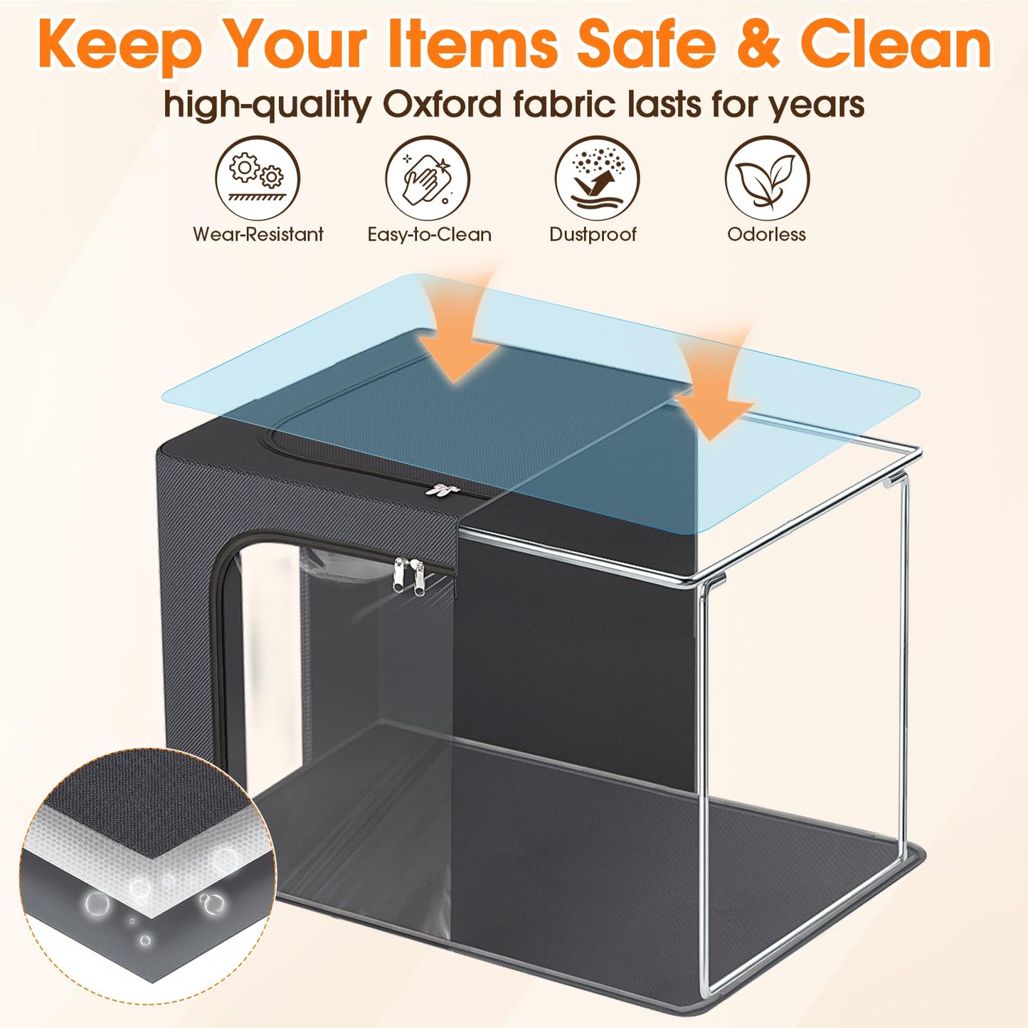 Clothes Storage Bins Metal Frame Storage Bags Fabric Organizer Clear Window Zipper Handles 40L