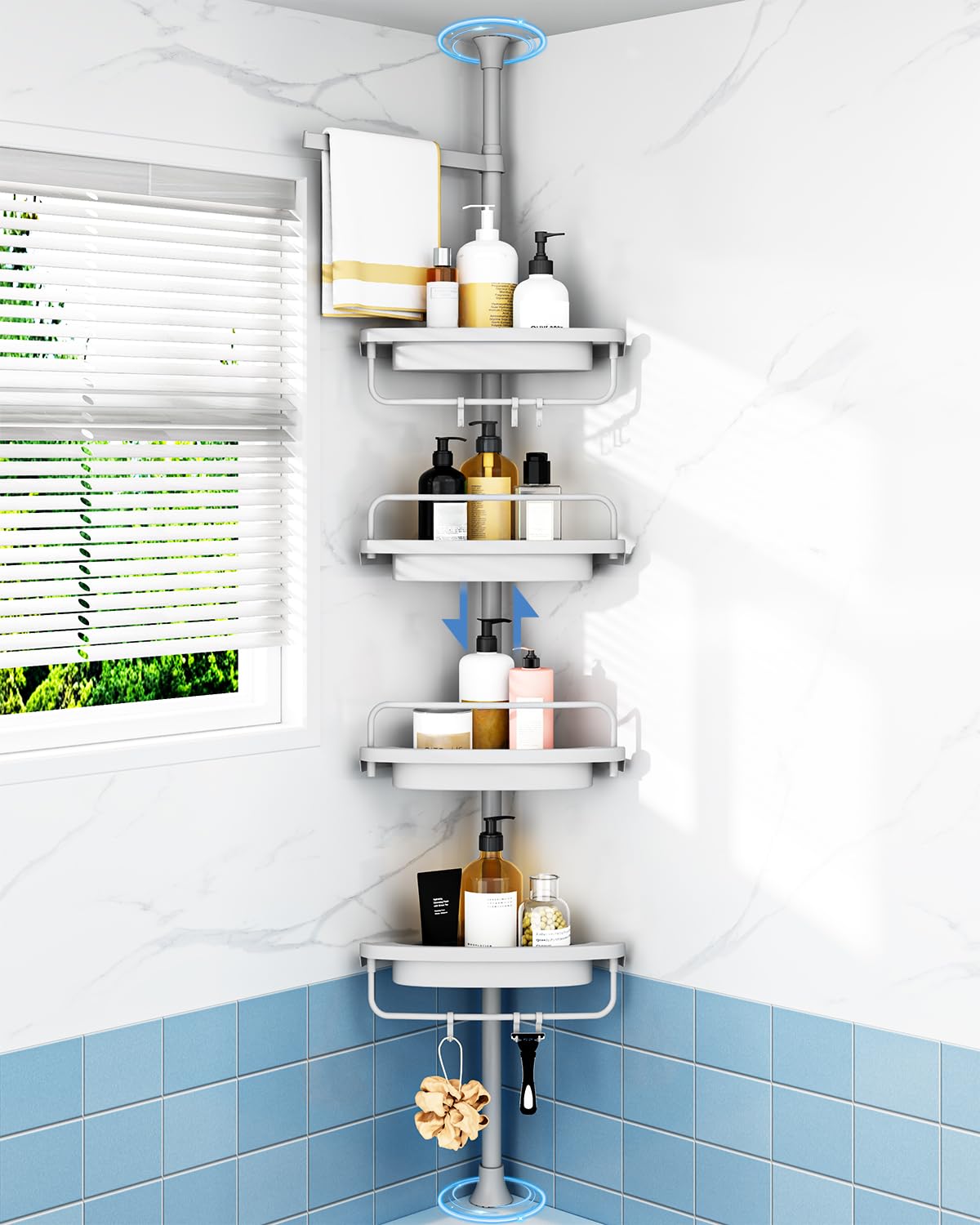 Corner Shower Caddy Tension Pole 4 Tier Rustproof Adjustable Bathroom Organizer Shelves Shower Storage Rack