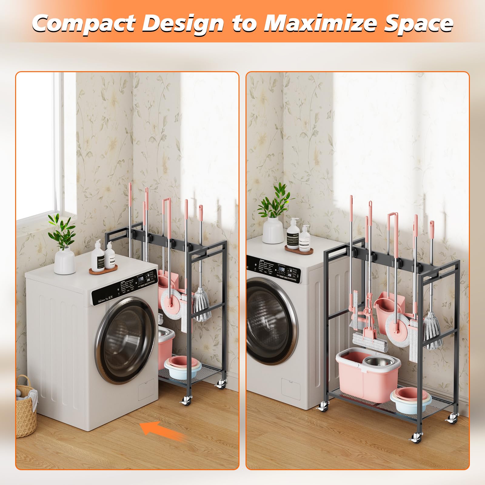 Broom and Mop Holder Closet Storage Cabinet Cleaning Supplies Organizer Mop Rack Storage System