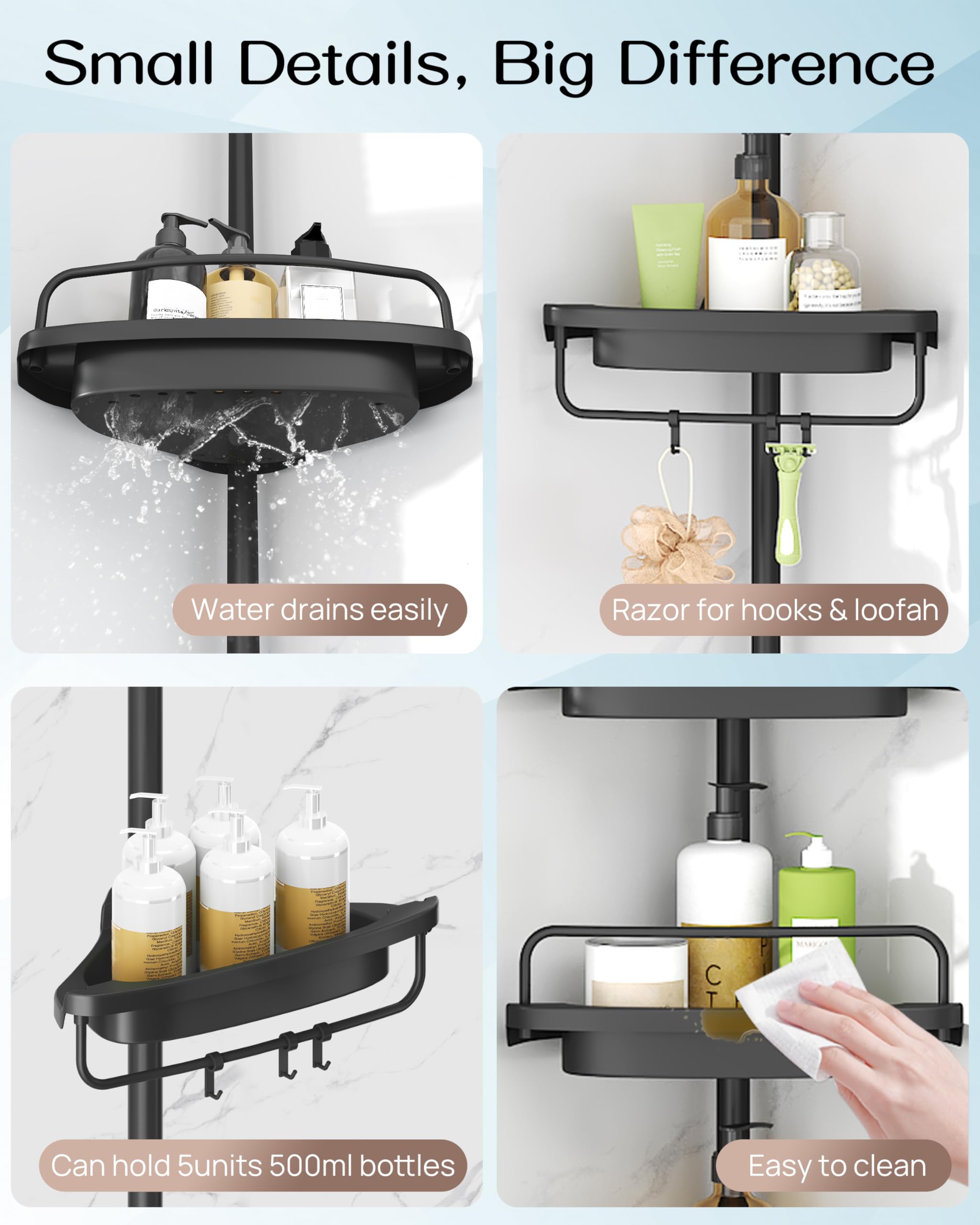 Corner Shower Caddy Tension Pole 4 Tier Rustproof Adjustable Bathroom Organizer Shelves Shower Storage Rack
