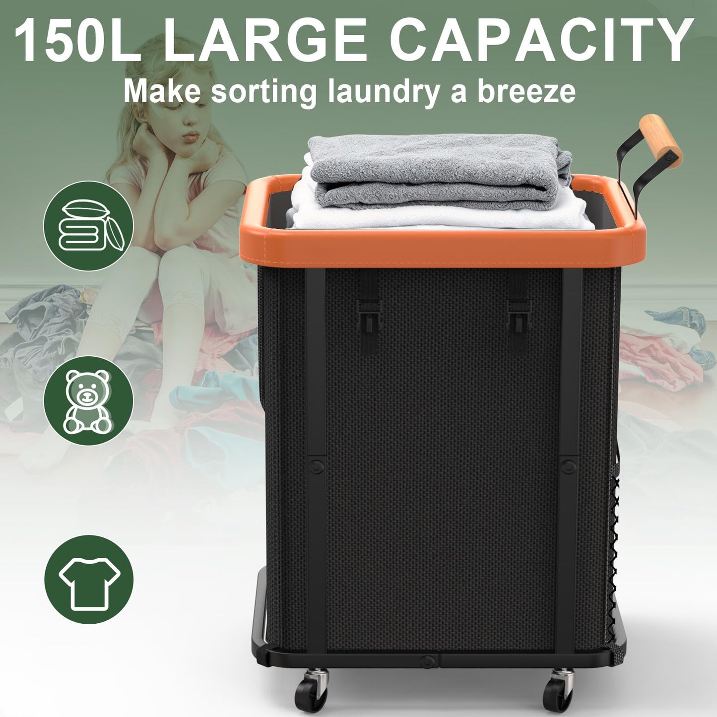 Extra Large 3 Section Rolling Laundry Hamper with Lid Metal Frame Clothes Sorter Cart Laundry Basket Organizer with Wheels