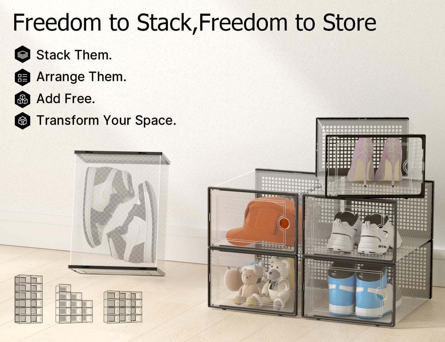 Clear Stackable Shoe Storage Boxes Plastic Sneaker Organizer 12 Pack Shoe Containers Closet Storage System