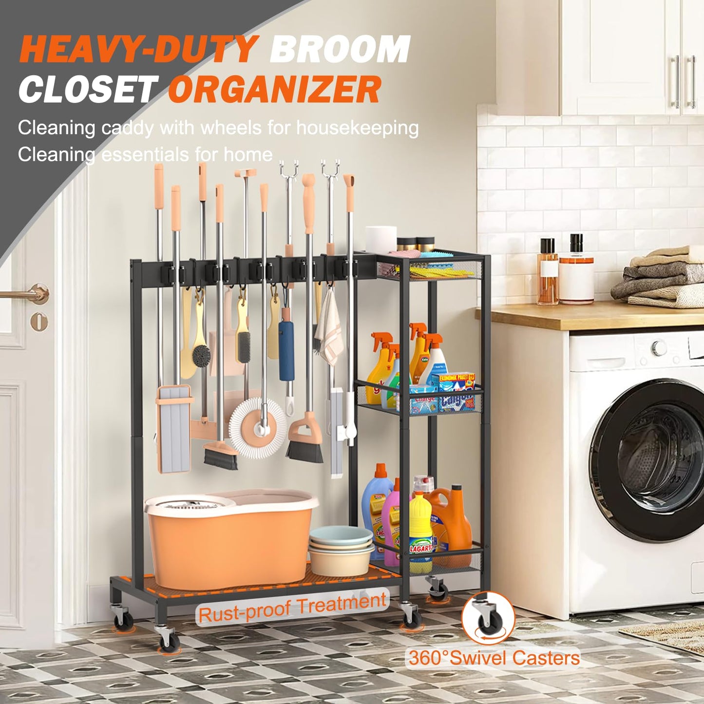 Broom Holder Cleaning Supplies Organizer Mop Vacuum Storage Rack Laundry Room Organizer Cart