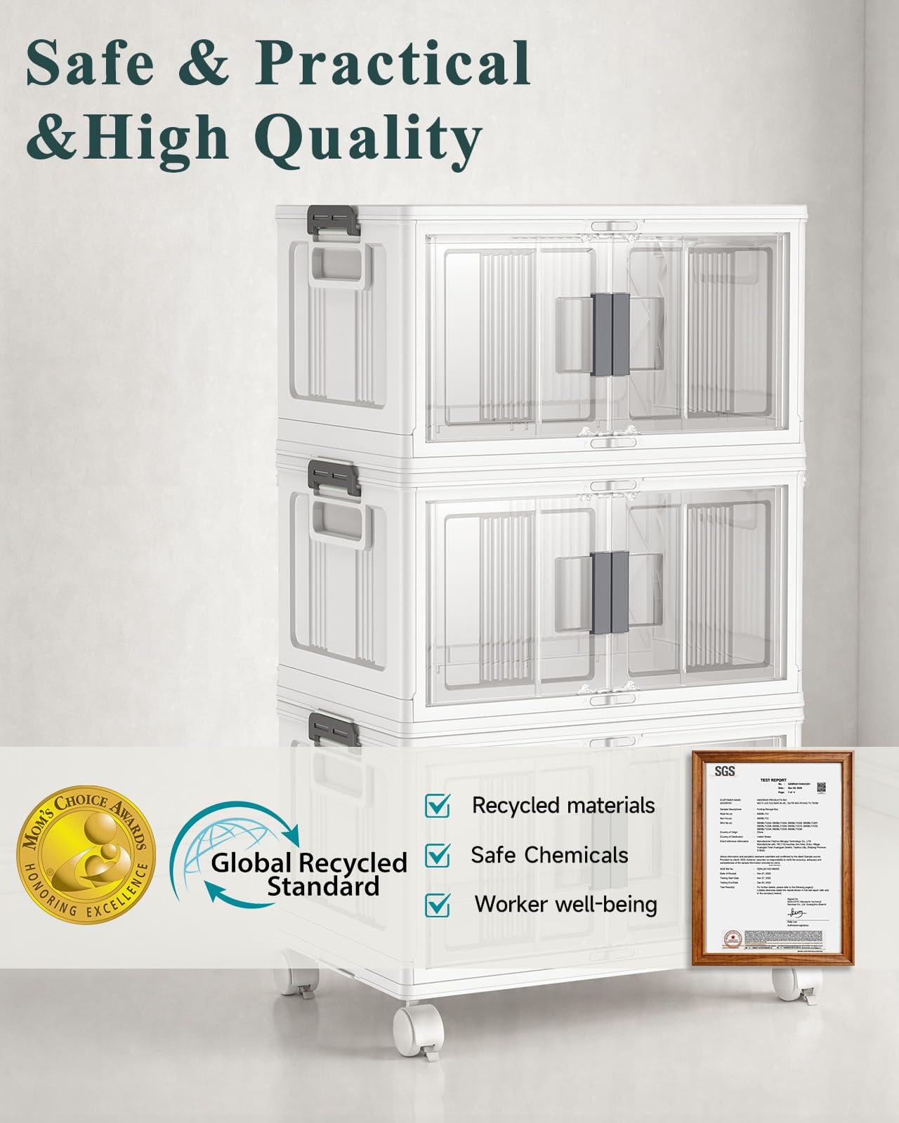 Folding Storage Bins with Doors and Wheels Collapsible Plastic Closet Storage Organizer Stackable Storage Boxes
