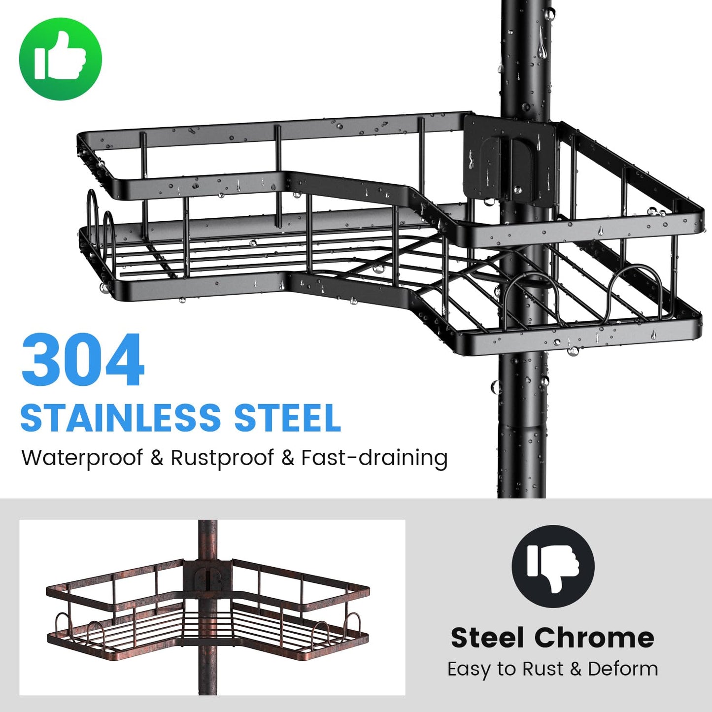 Corner Shower Caddy Tension Pole 4 Tier Rustproof Bathroom Organizer Adjustable Shampoo Shelf Rack