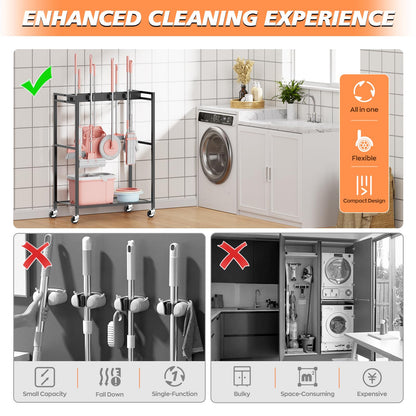 Broom and Mop Holder Closet Storage Cabinet Cleaning Supplies Organizer Mop Rack Storage System