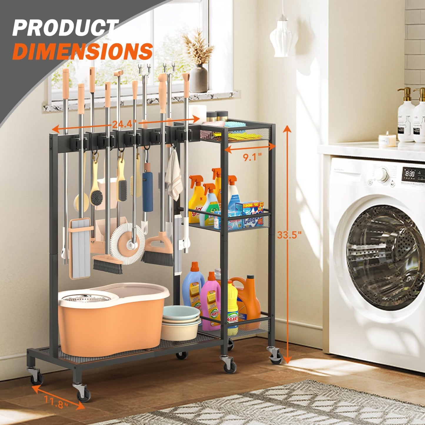 Broom Holder Cleaning Supplies Organizer Mop Vacuum Storage Rack Laundry Room Organizer Cart
