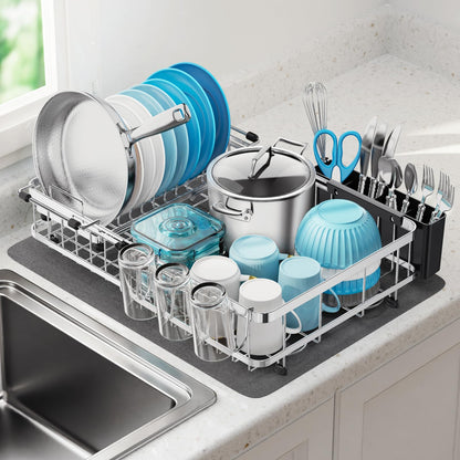 Dish Drying Rack Expandable Kitchen Counter Sink Drainer Pan Slots Utensil Holder Drainboard Black