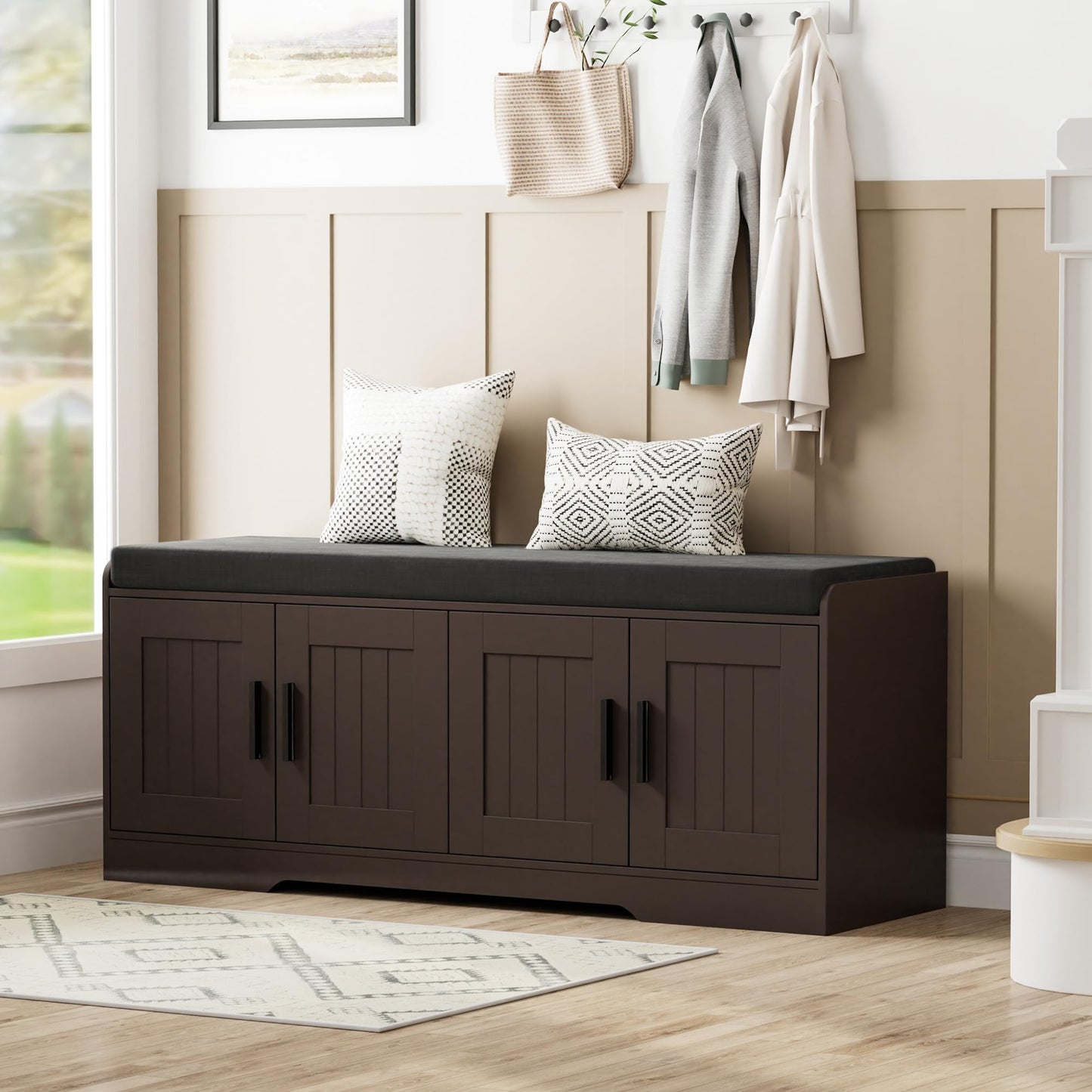Shoe Bench Storage Bench with Cushion Doors Adjustable Shelf Entryway Bedroom Organizer