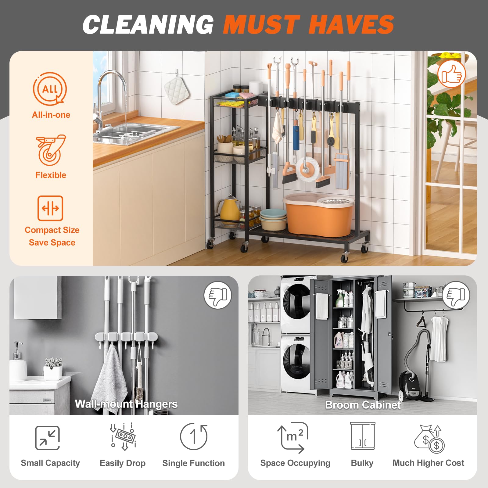 Broom Holder Cleaning Supplies Organizer Mop Vacuum Storage Rack Laundry Room Organizer Cart