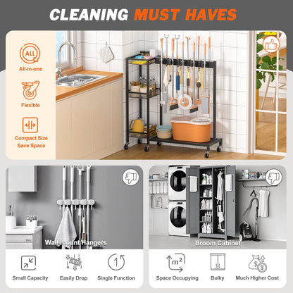 Broom Holder Cleaning Supplies Organizer Mop Vacuum Storage Rack Laundry Room Organizer Cart