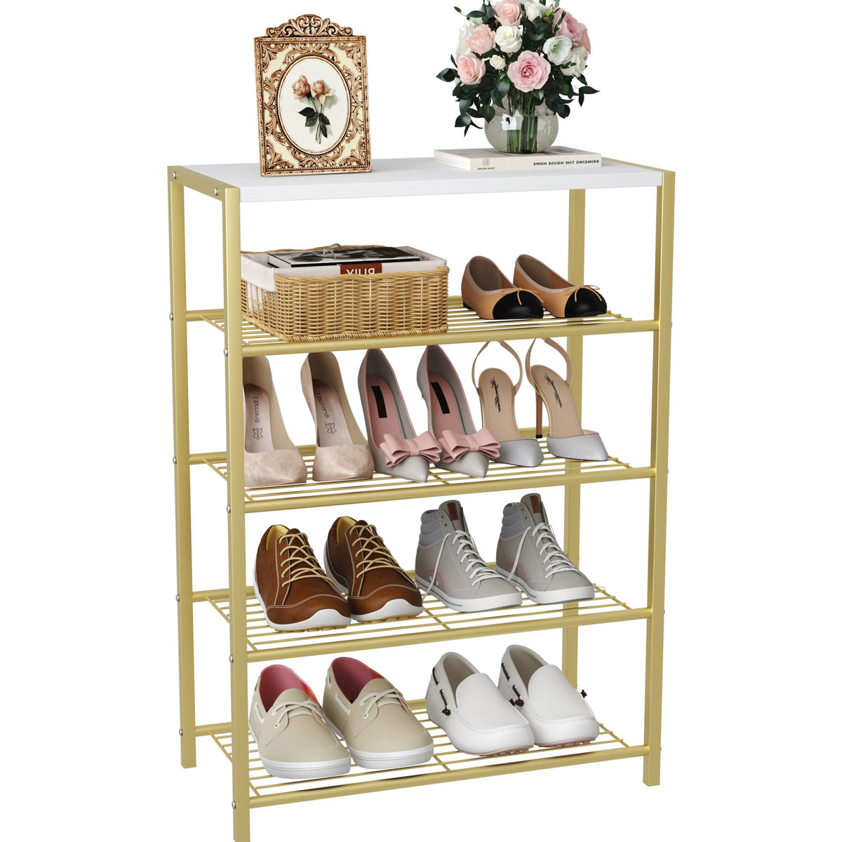 Industrial Shoe Storage Shelf Narrow Entryway Shoe Rack Closet Organizer Metal Wood Storage Shelf