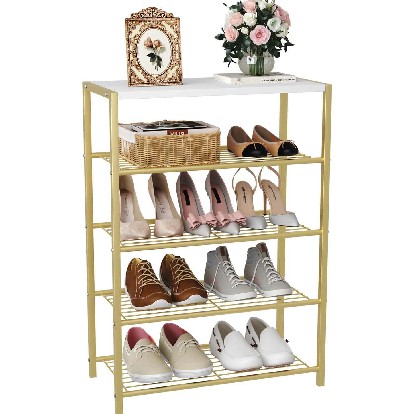 Industrial Shoe Storage Shelf Narrow Entryway Shoe Rack Closet Organizer Metal Wood Storage Shelf
