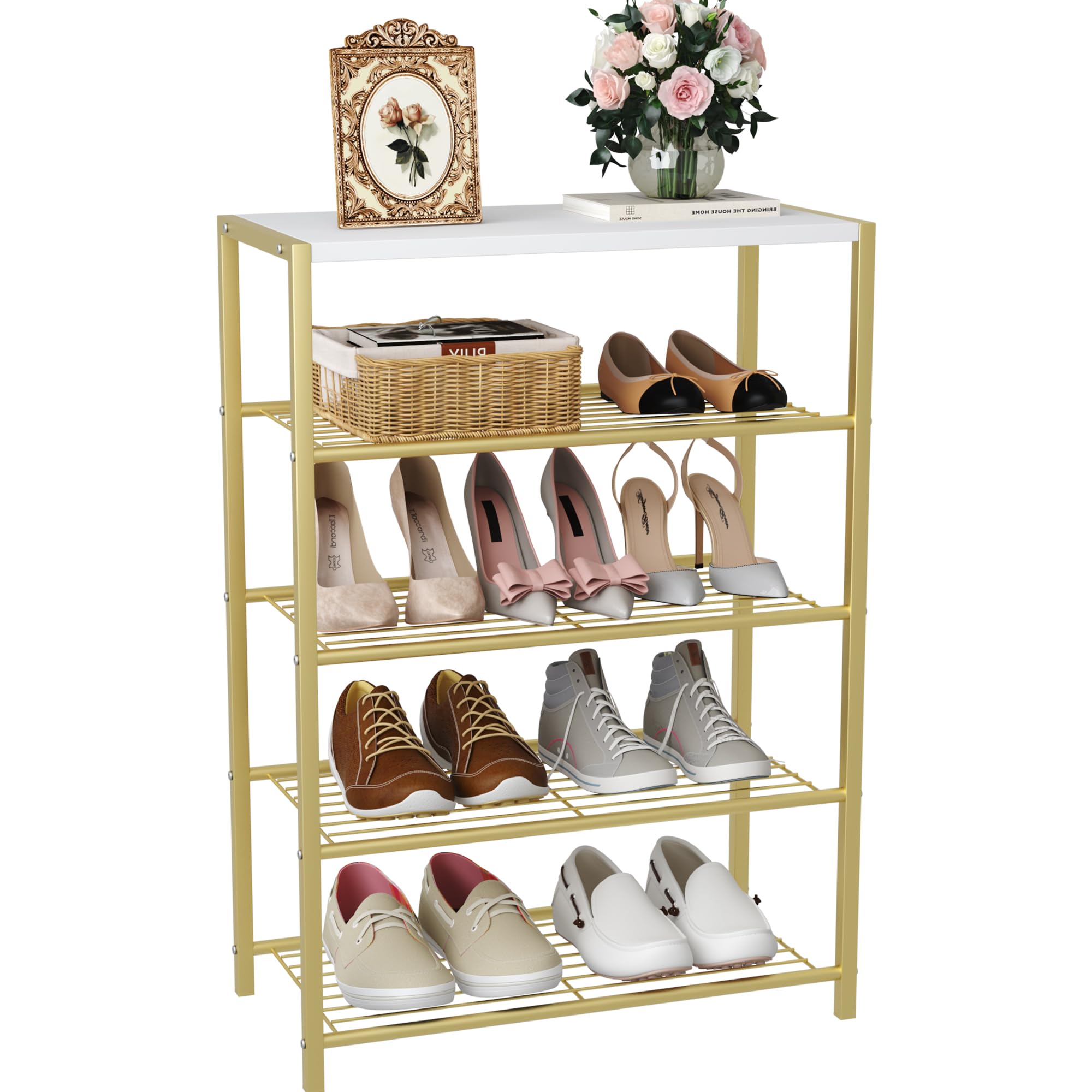Industrial Shoe Storage Shelf Narrow Entryway Shoe Rack Closet Organizer Metal Wood Storage Shelf