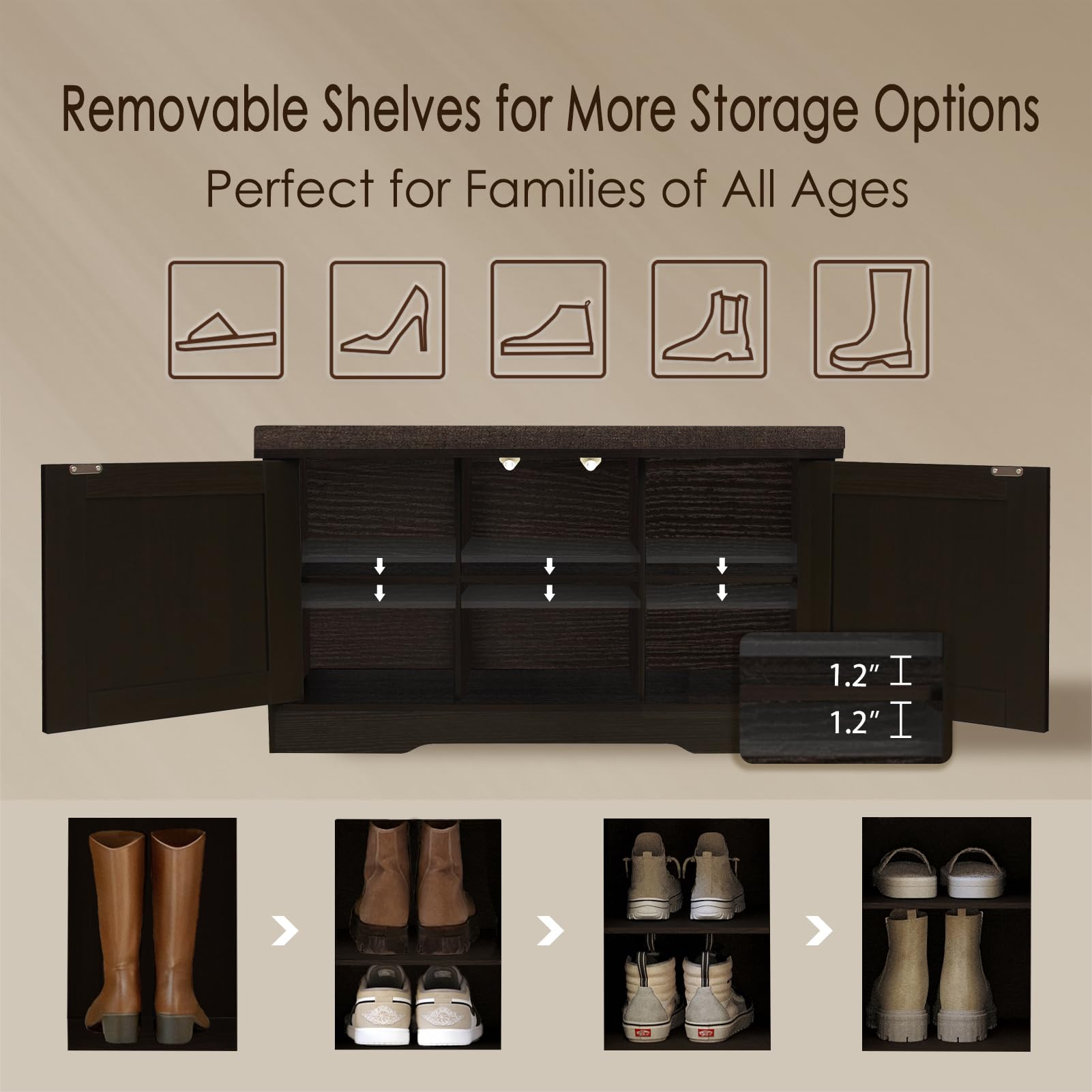 DINZI LVJ Shoe Bench, Entryway Storage Bench with Doors and Cushion,Parent