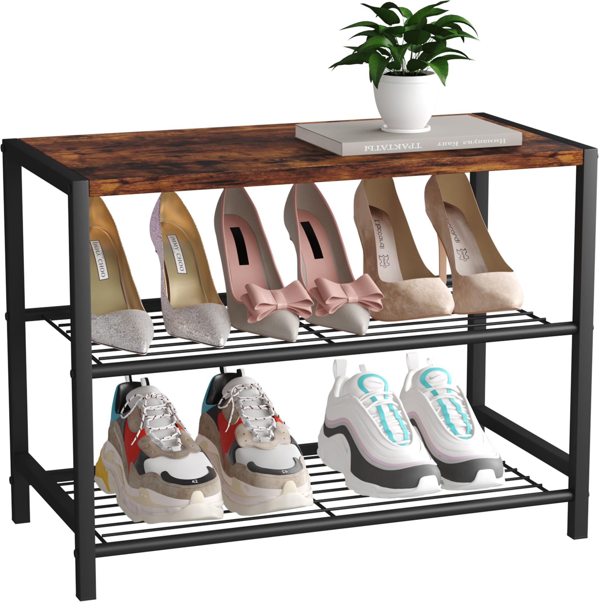 Industrial Shoe Storage Shelf Narrow Entryway Shoe Rack Closet Organizer Metal Wood Storage Shelf