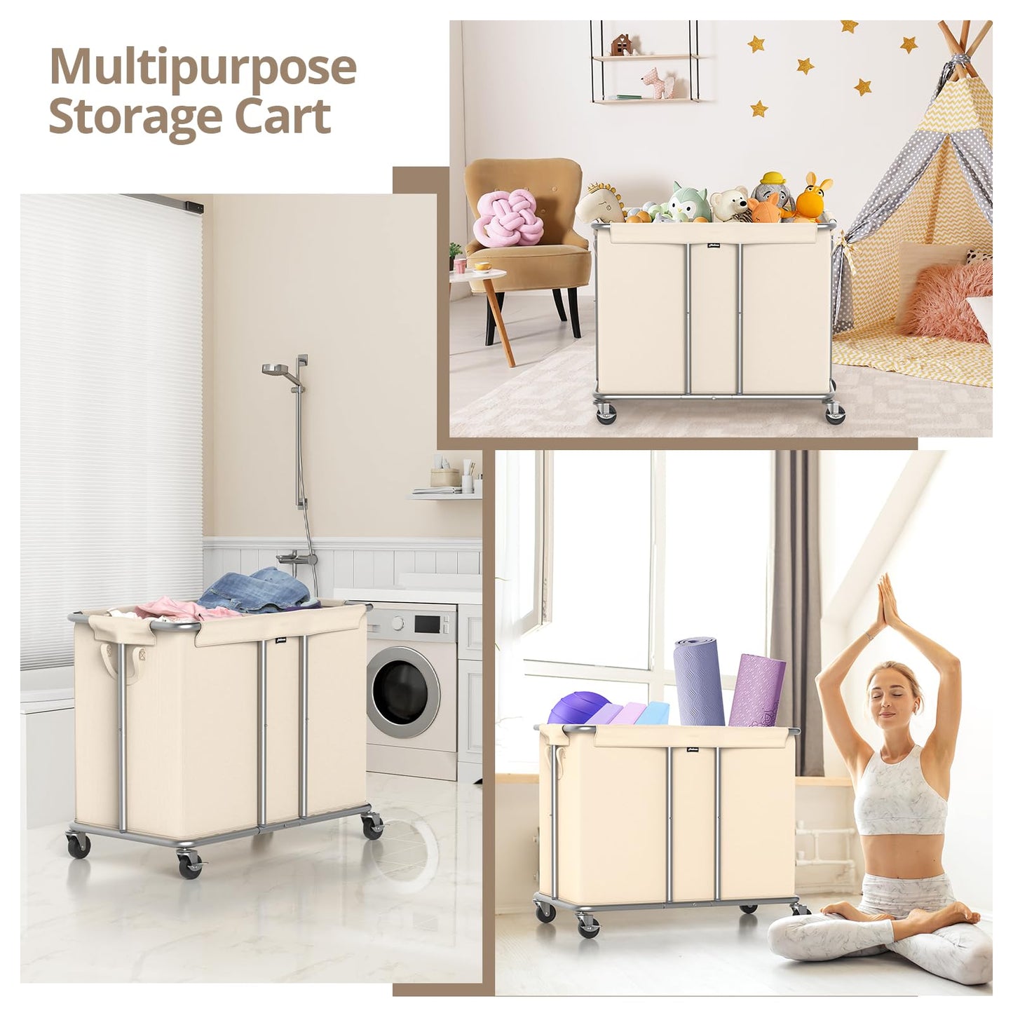 Rolling Laundry Hamper 2 Section Laundry Basket with Wheels Clothes Sorter Metal Frame Removable Liner Laundry Organizer Beige