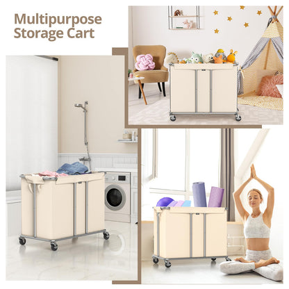 Rolling Laundry Hamper 2 Section Laundry Basket with Wheels Clothes Sorter Metal Frame Removable Liner Laundry Organizer Beige