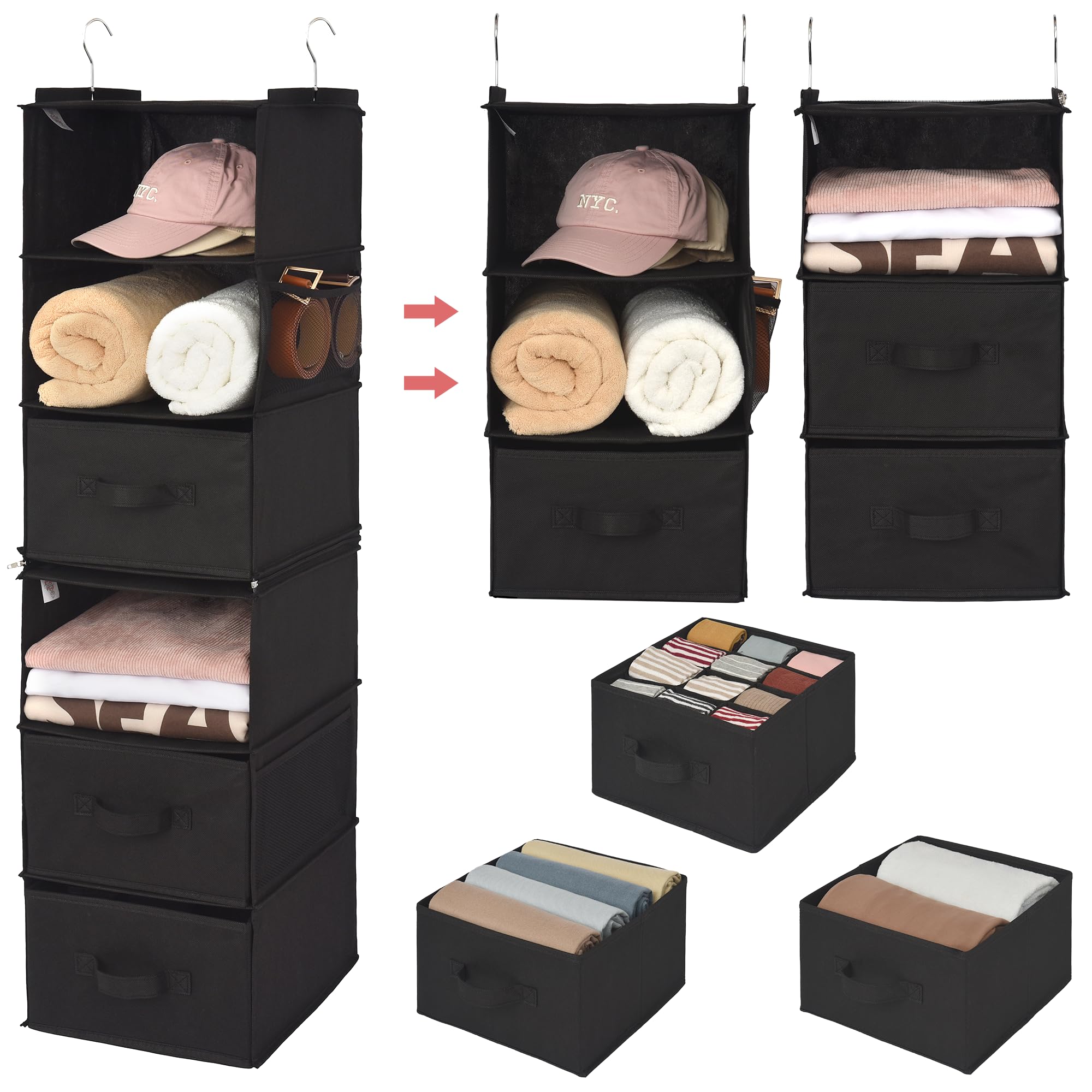 Hanging Closet Organizer 6 Shelf Storage Organizer with Drawers Side Pockets Closet Storage System