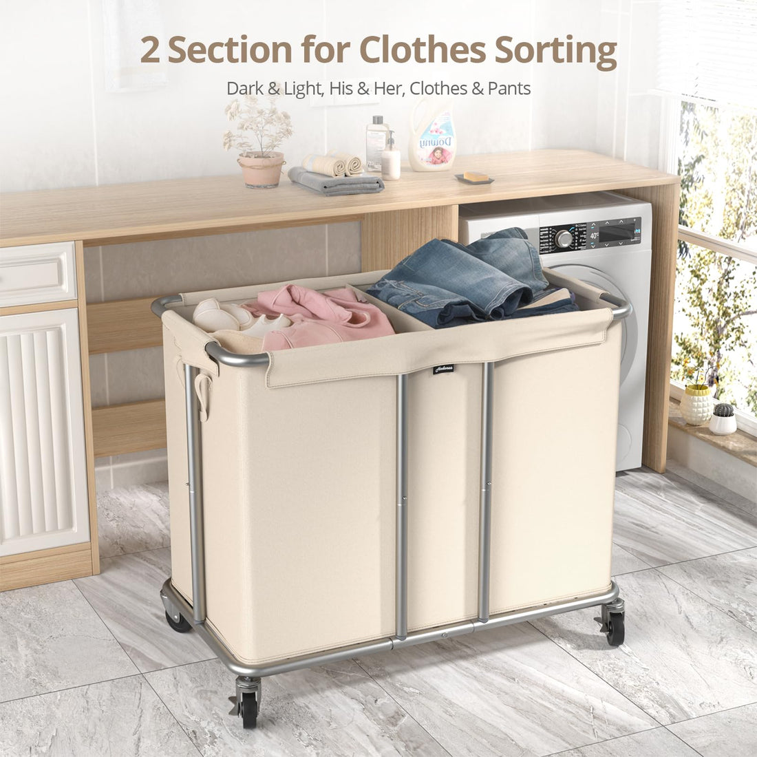 Rolling Laundry Hamper 2 Section Laundry Basket with Wheels Clothes Sorter Metal Frame Removable Liner Laundry Organizer Beige