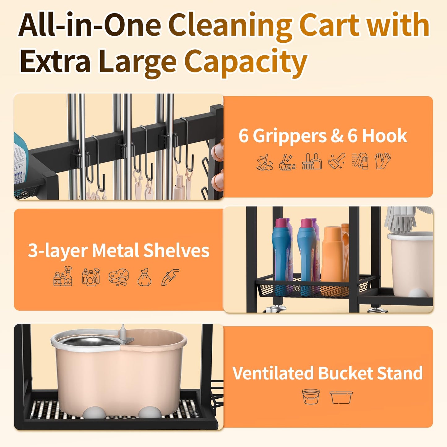 FLOUREE Broom Holder with Cleaning Supplies Organizer & Large Capacity