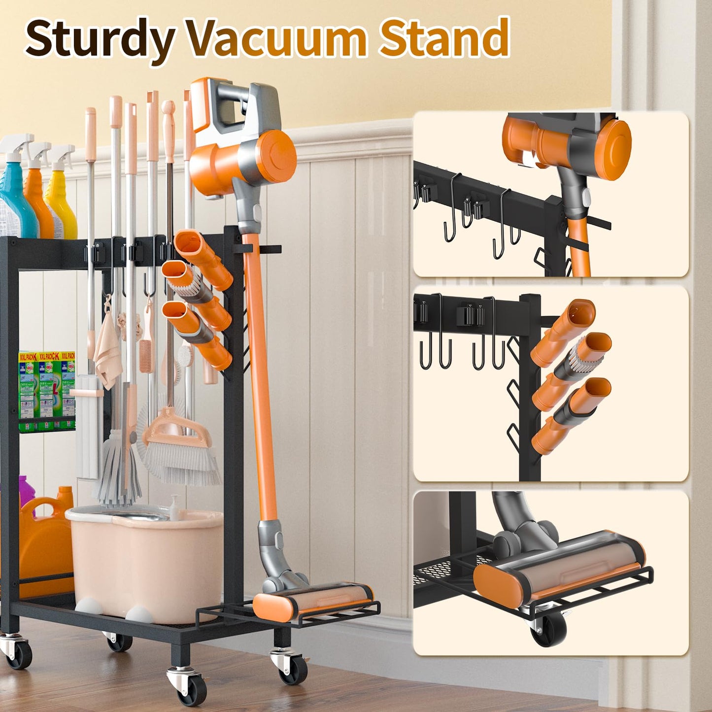 FLOUREE Broom Holder with Cleaning Supplies Organizer & Large Capacity