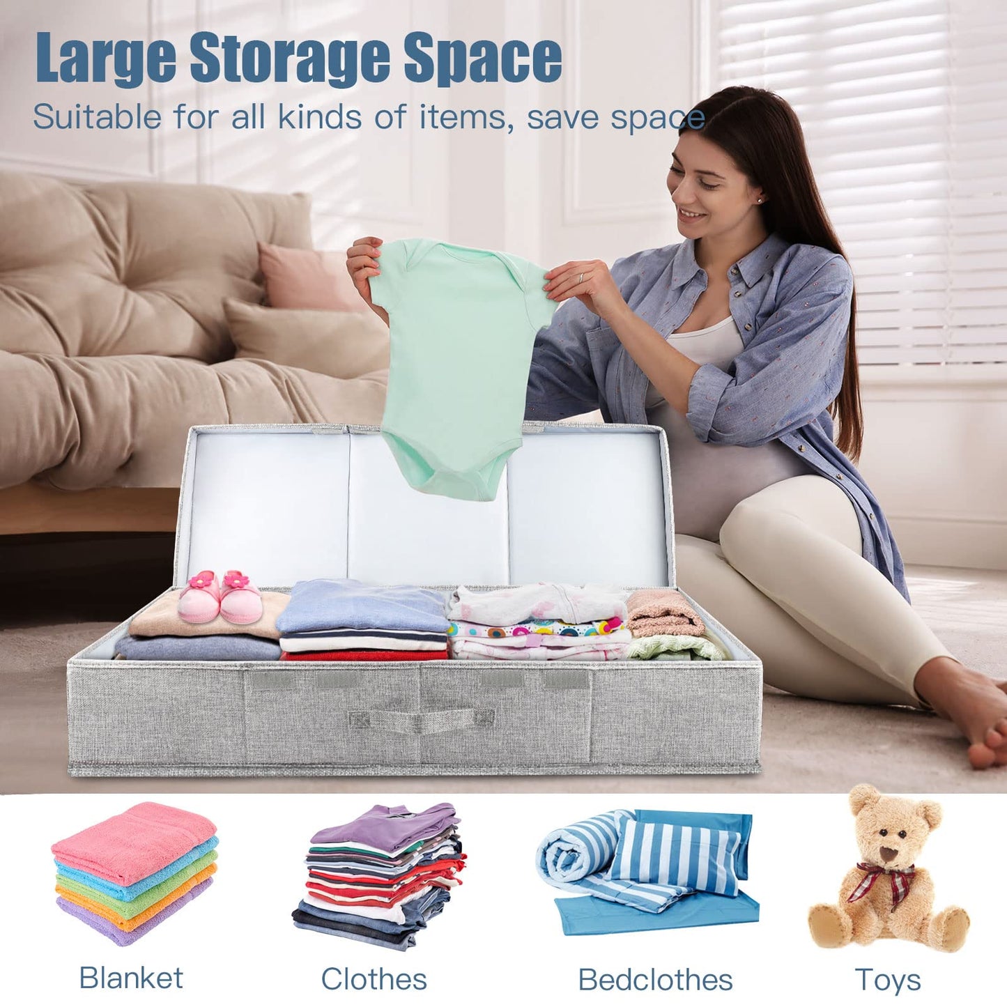 Under Bed Storage Containers Large Foldable Storage Box with Lid Clothes Shoes Blankets Pillow Organizer