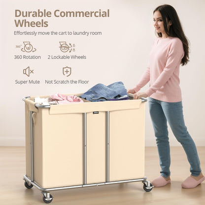 Rolling Laundry Hamper 2 Section Laundry Basket with Wheels Clothes Sorter Metal Frame Removable Liner Laundry Organizer Beige