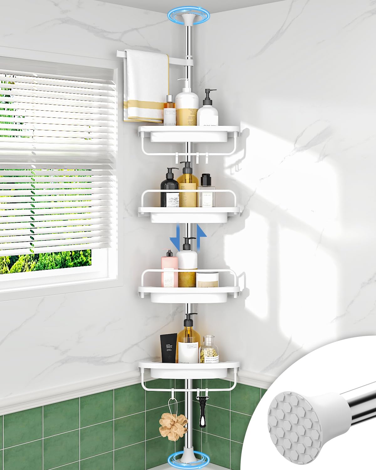Corner Shower Caddy Tension Pole 4 Tier Rustproof Adjustable Bathroom Organizer Shelves Shower Storage Rack