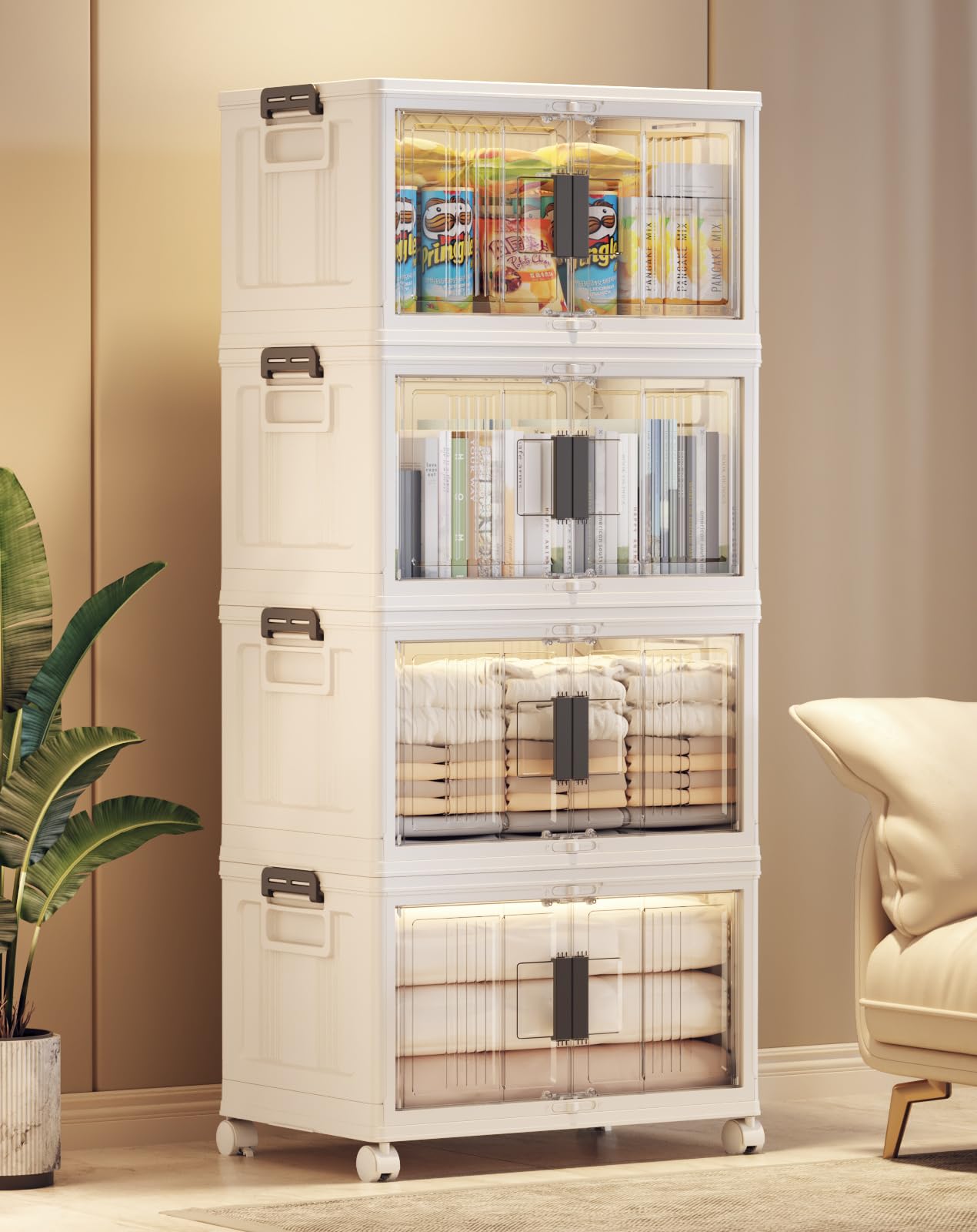 Folding Storage Bins with Doors and Wheels Collapsible Plastic Closet Storage Organizer Stackable Storage Boxes