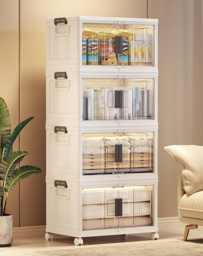 Folding Storage Bins with Doors and Wheels Collapsible Plastic Closet Storage Organizer Stackable Storage Boxes