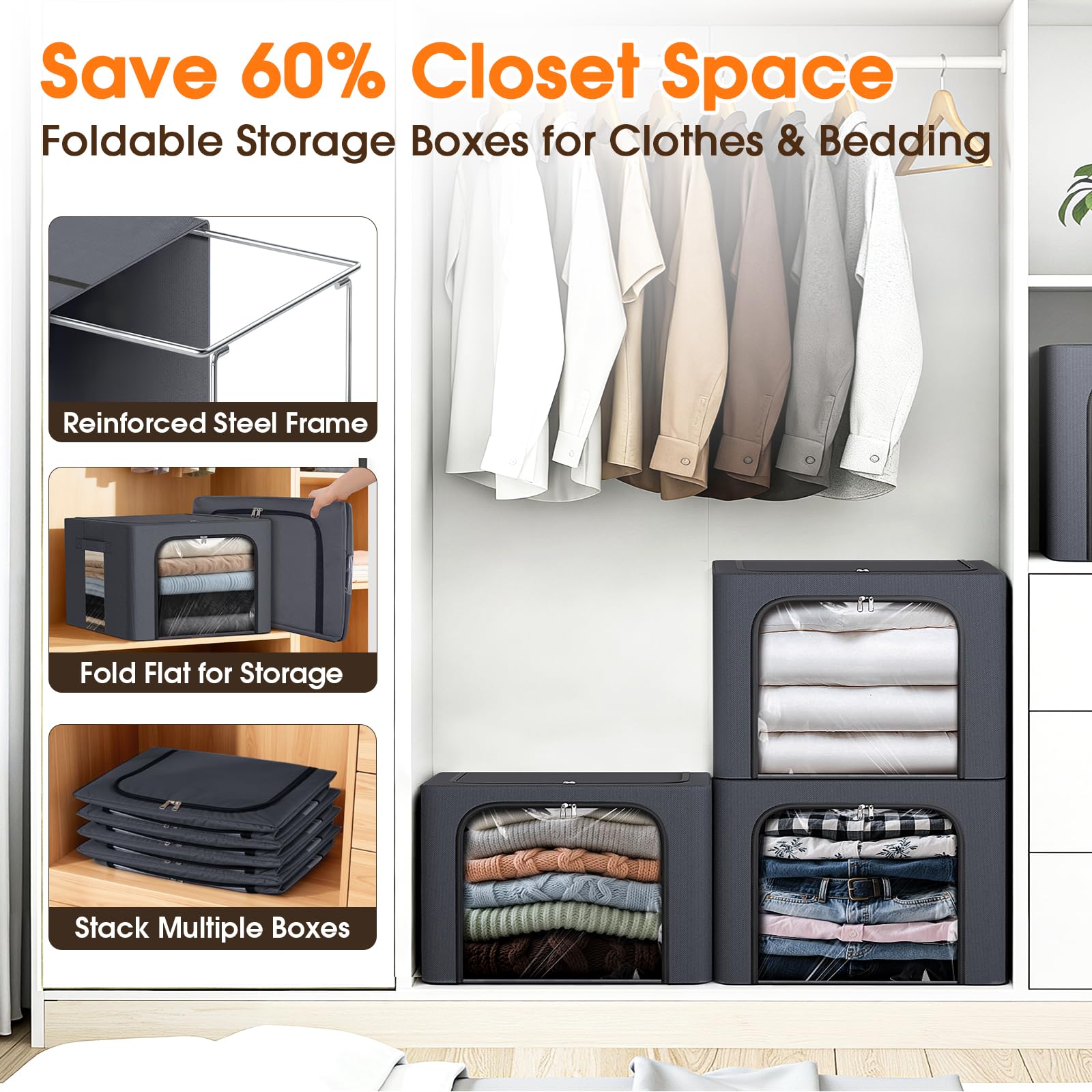 Clothes Storage Bins Metal Frame Storage Bags Fabric Organizer Clear Window Zipper Handles 40L