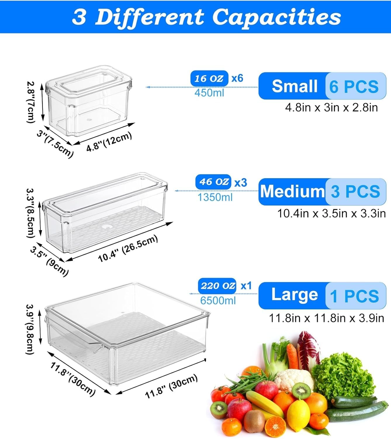 Stackable Refrigerator Organizer Storage Bins Clear BPA Free Fridge Containers with Lids Food Storage Organizer