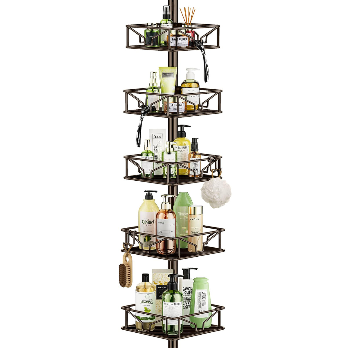 Corner Shower Caddy Tension Pole 5 Tier Adjustable Rustproof Bathroom Shower Organizer Hooks Storage Rack
