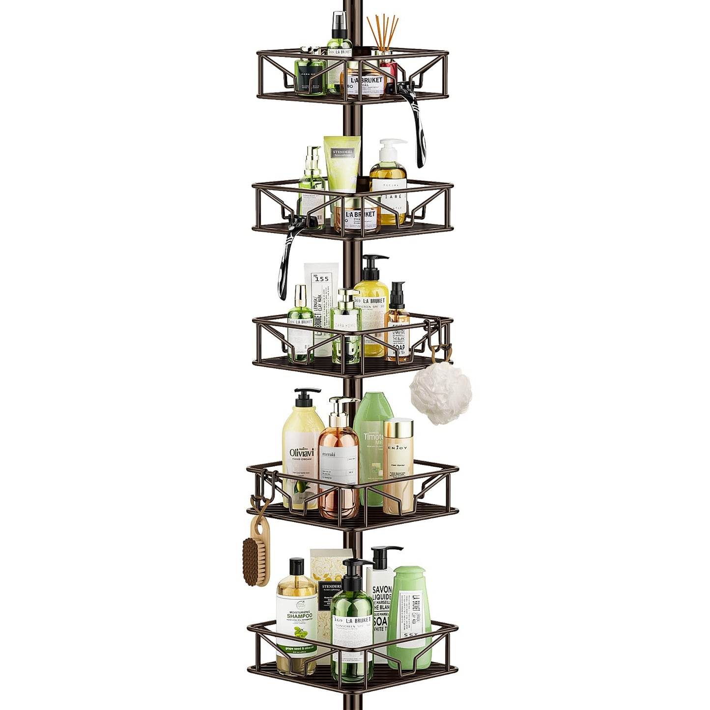 Corner Shower Caddy Tension Pole 5 Tier Adjustable Rustproof Bathroom Shower Organizer Hooks Storage Rack