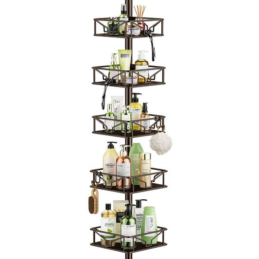 Corner Shower Caddy Tension Pole 5 Tier Adjustable Rustproof Bathroom Shower Organizer Hooks Storage Rack