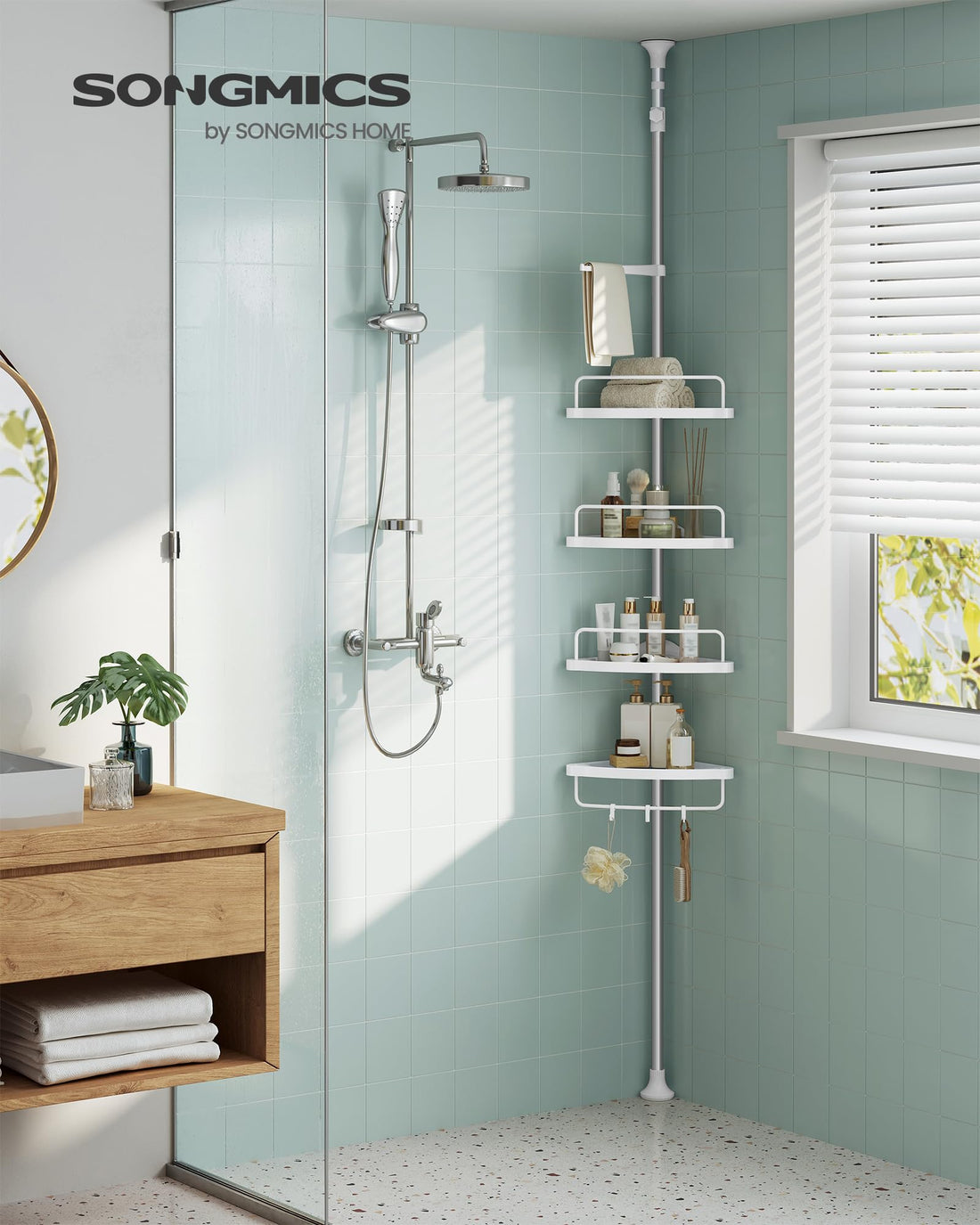 Corner Shower Caddy Tension Pole 4 Tier Rust Resistant Bathroom Shower Shelf Adjustable Organizer Drill Free Storage Rack